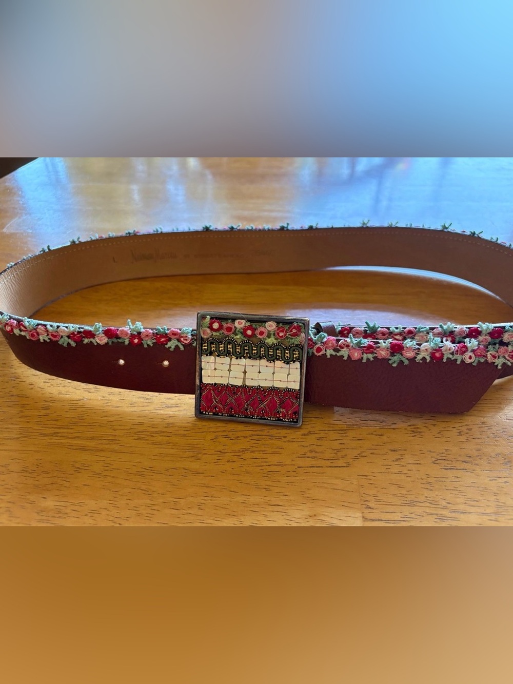 Neiman Marcus Red Leather Embroidered Rose Belt